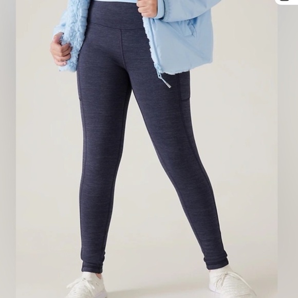 Athleta Girl Polartec Stash Tight 12 Pockets, Heather Blue, Fleece Lined - Picture 1 of 7